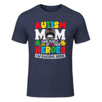 Autism Mom Raising Hero Messy Bun Autism Awareness in Heather Navy - front view