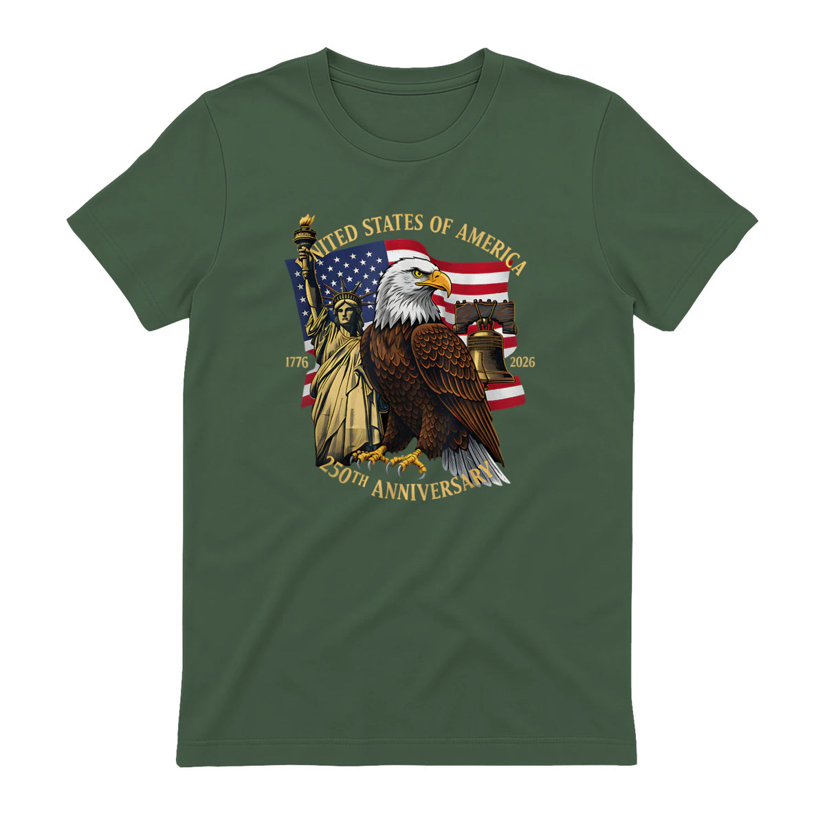 Patriotic Eagle Liberty Bell Anniversary T-Shirt in Military Green - back view