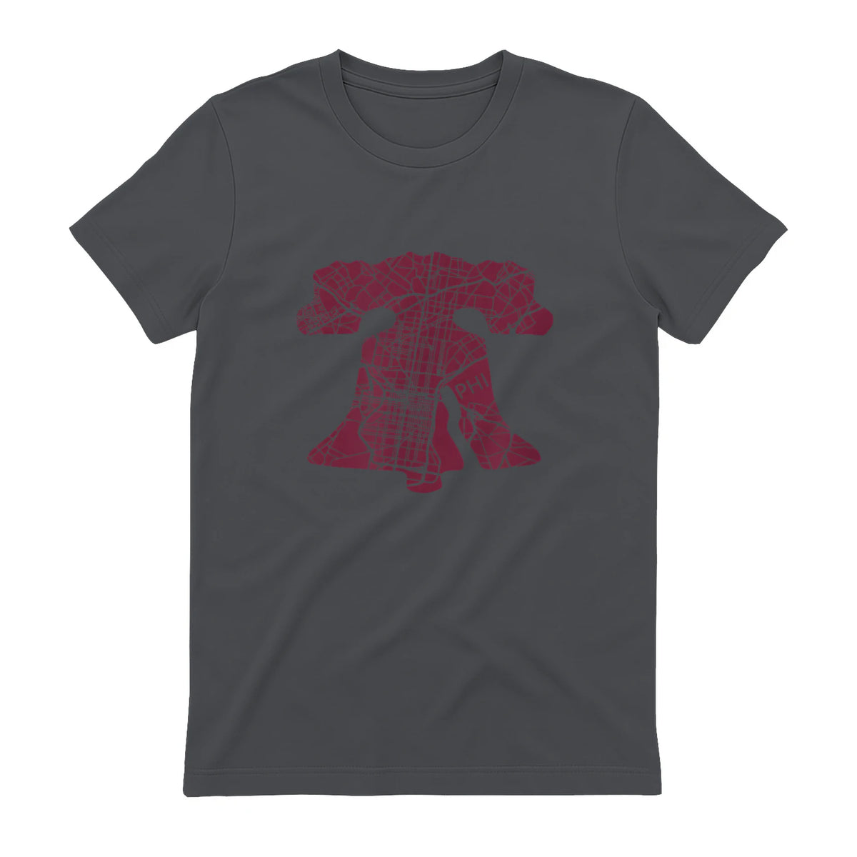 Philadelphia Street Map Liberty Bell Vintage Maroon Philly T-Shirt in Charcoal - back view