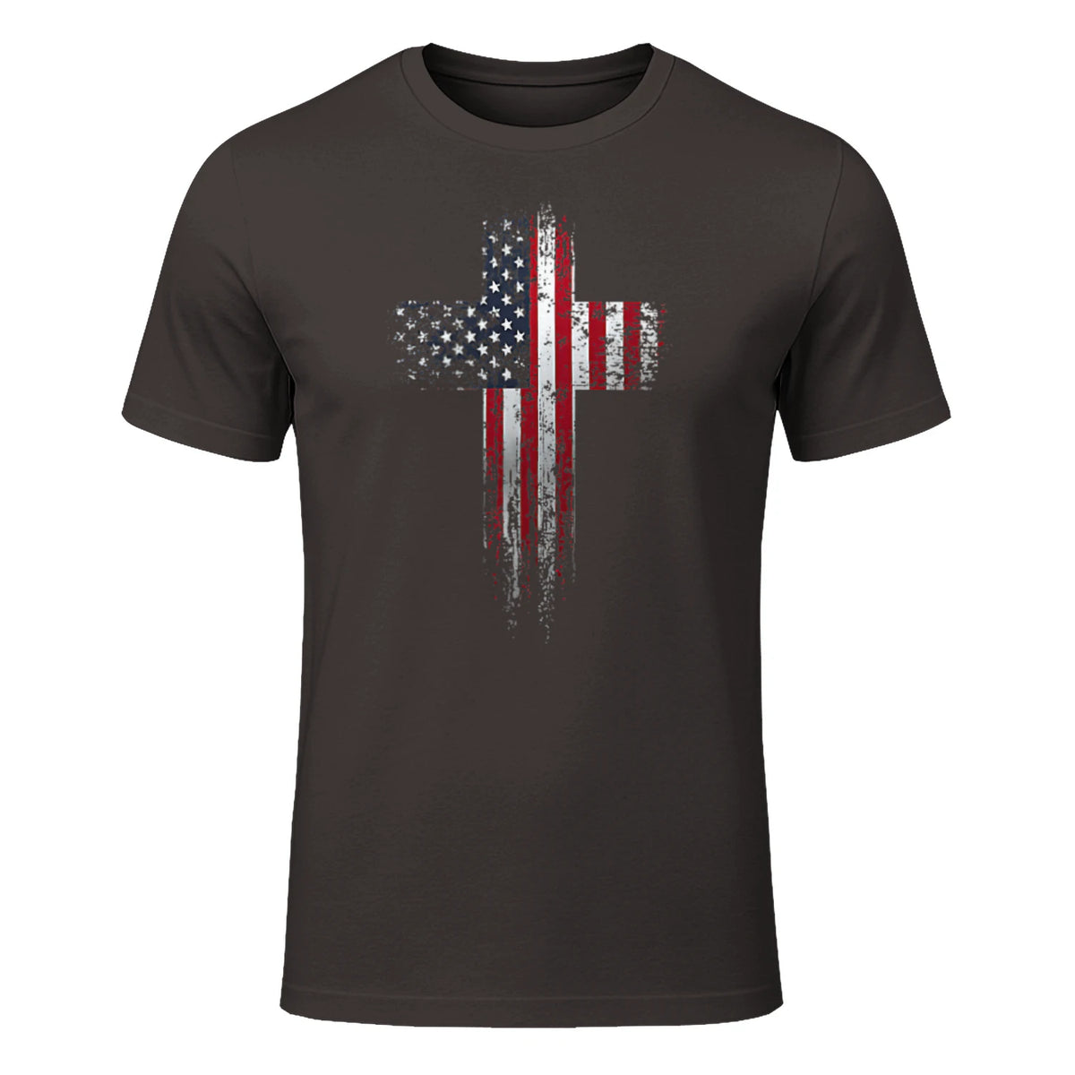 American USA Flag Christian Cross T-Shirt in Dark Chocolate - front view