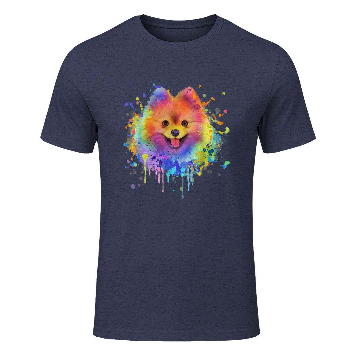 Colorful Splash Art Poméranie Portrait Pom Puppy Owner in Heather Navy - front view