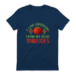 I Love Gardening From My Head Tomatoes Funny T-Shirt in Navy - back view