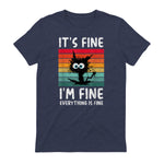 It's Fine I'm Fine Everything Is Fine Funny Black Cat T-Shirt in Heather Navy - back view