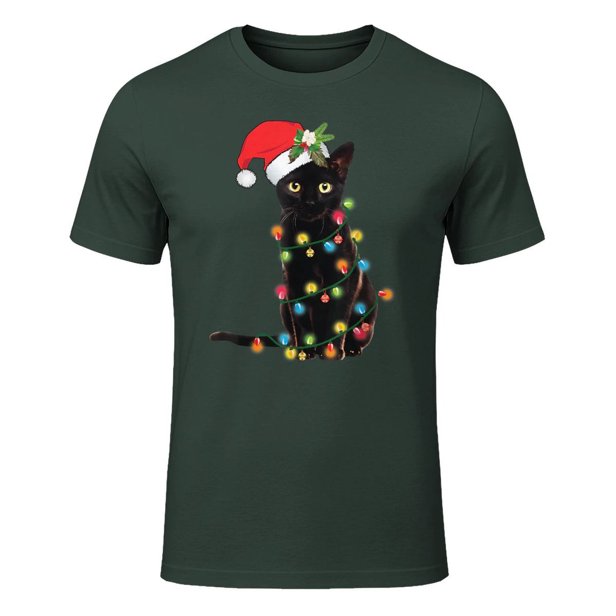 Santa Black Cat Tangled Up In Christmas Tree Lights Holiday in Forest Green - front view