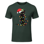 Santa Black Cat Tangled Up In Christmas Tree Lights Holiday in Forest Green - front view