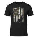 Camo US Flag Deer Elk Buck Camoflage Hunting Hunter Dad Gift Short Sleeve in Black - front view