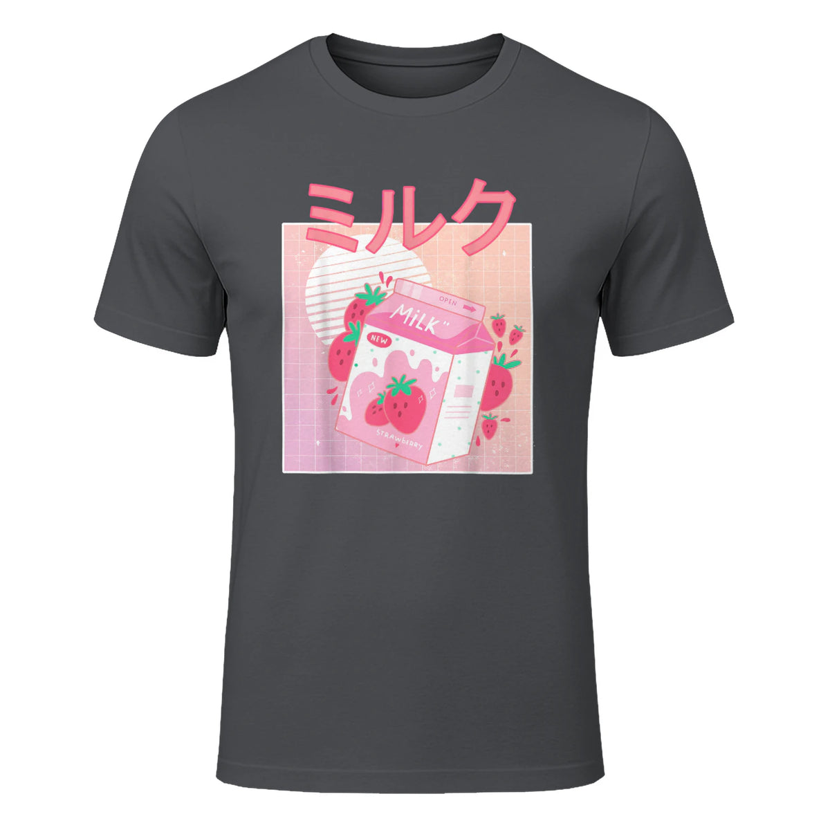 Funny Retro Nineties Japanese Kawaii Strawberry Milk Shake Carton T-Shirt in Charcoal - front view