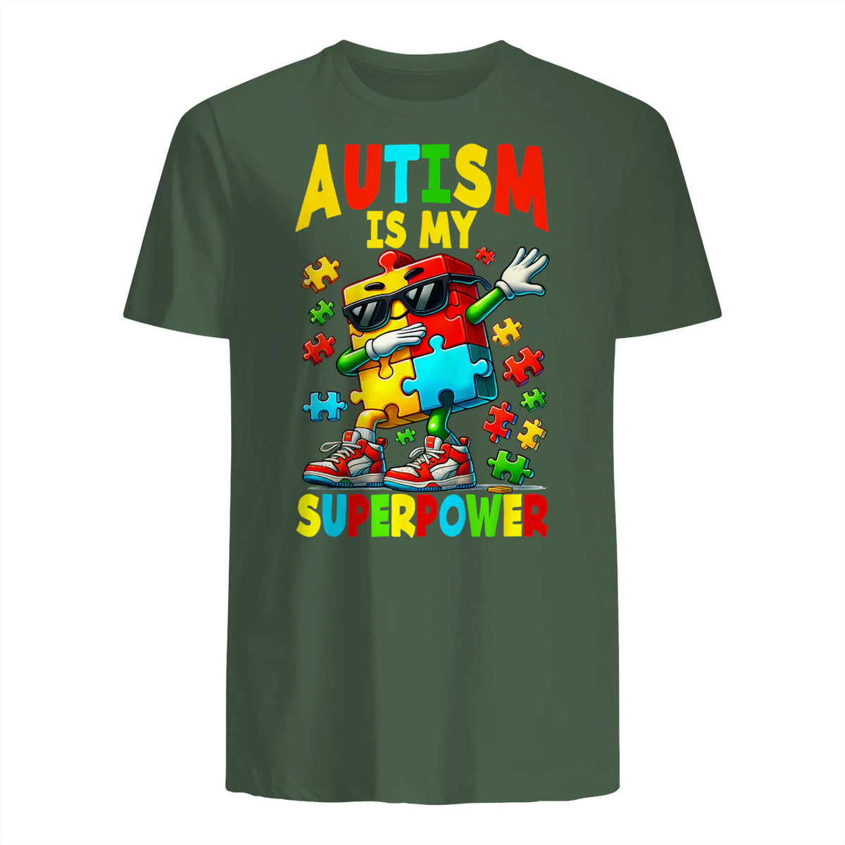 Puzzle Autism Awareness Autistic Support in Military Green - back view