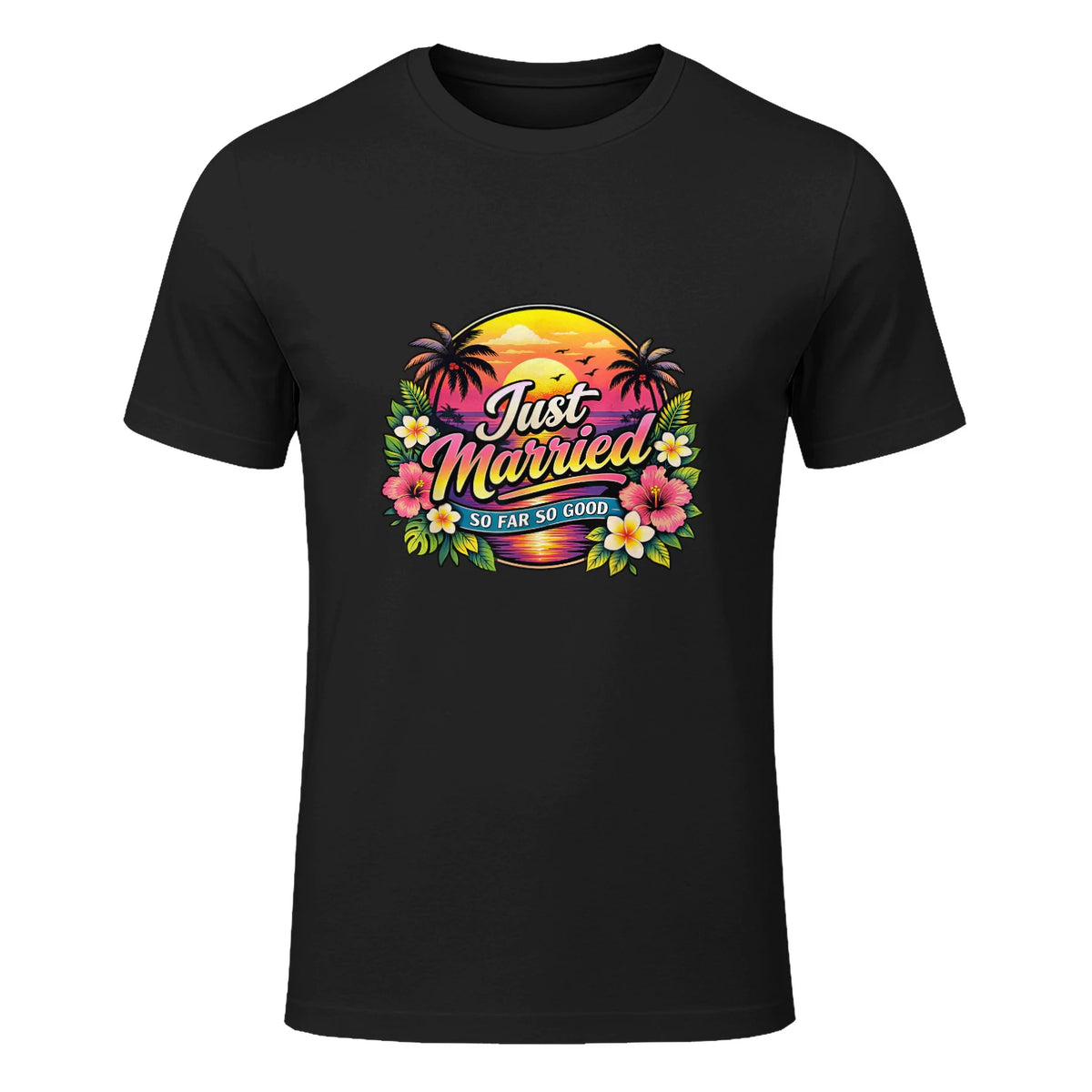 Couple de Jeunes mariés drôle Just Married Tropical Honeymoon in Black - front view