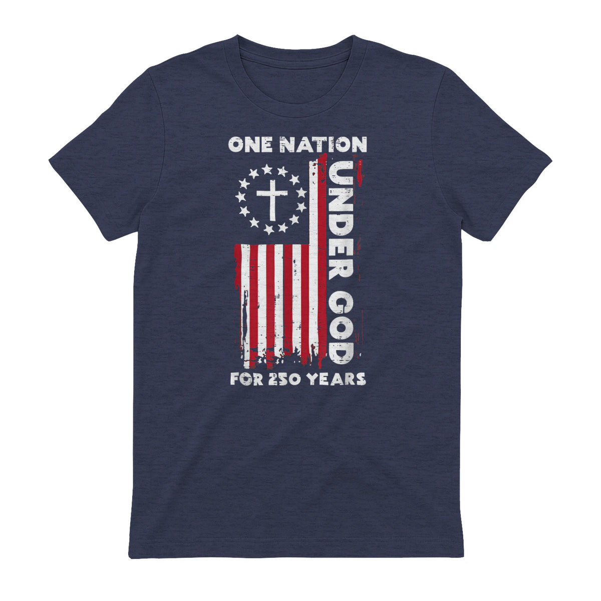 Christian American Flag Anniversary T-Shirt in Heather Navy - back view