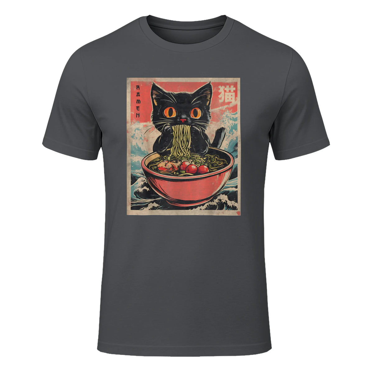 Unisex Adults Cat Ramen Japanese Funny Graphic Tees Kawaii Cat Anime Gifts T-Shirt in Charcoal - front view