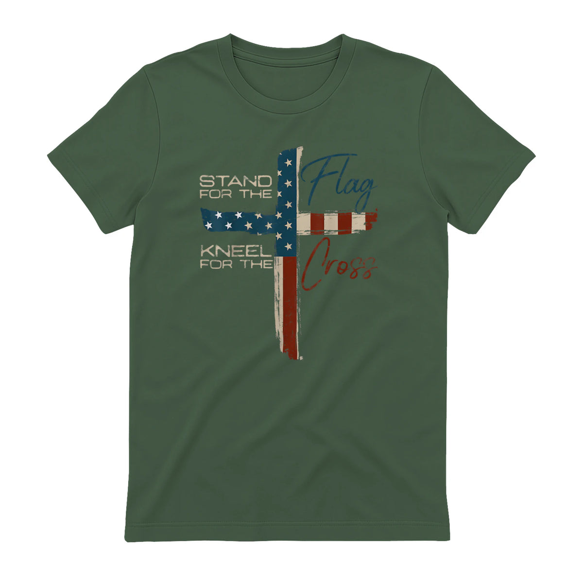 USA Flag Religious Quote Fourth of July Christian Faith T-Shirt in Military Green - back view