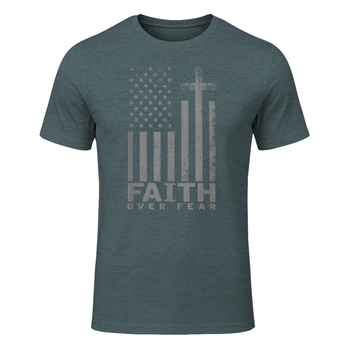 America Pride US Flag Faith Over Fear Prayer T-Shirt in Dark Heather - front view