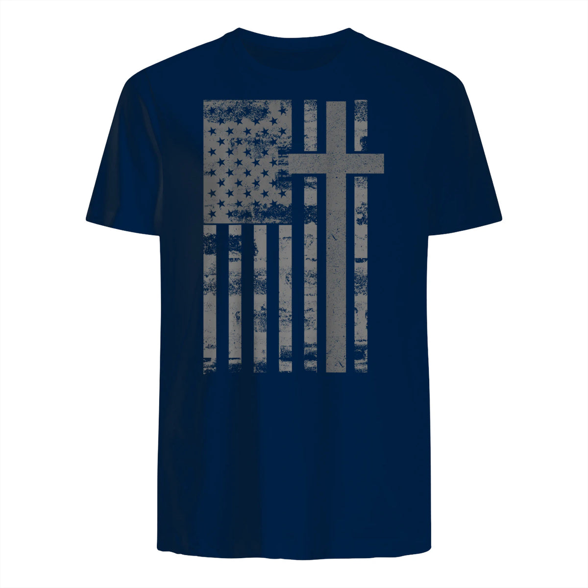(Art) American Flag Christian Faith Cross Patriotic T-Shirt in Navy - back view