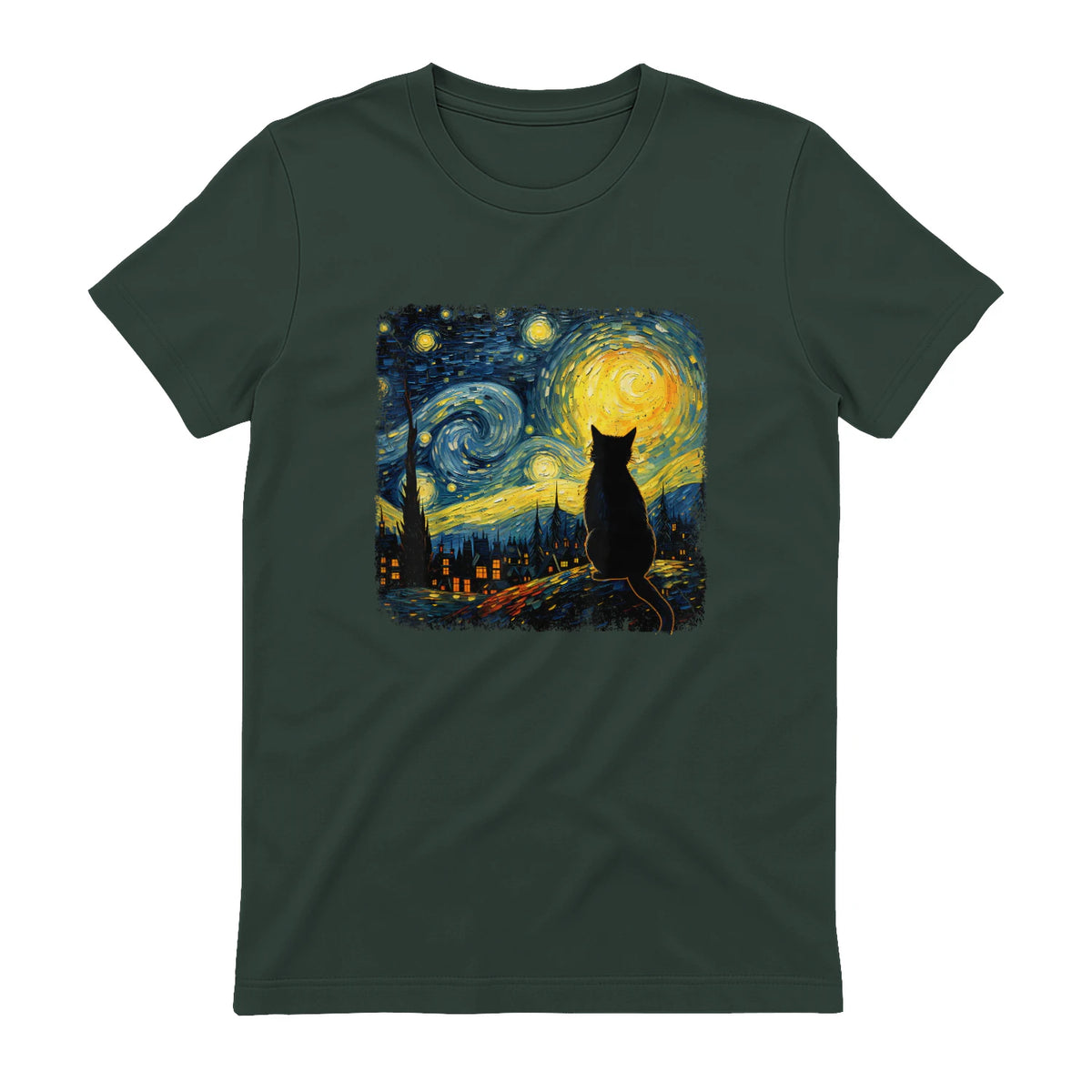 Starry Night Cat Lover T-Shirt in Forest Green - back view