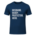 Husband daddy protector hero T Shirt cool father dad tee in Navy - front view