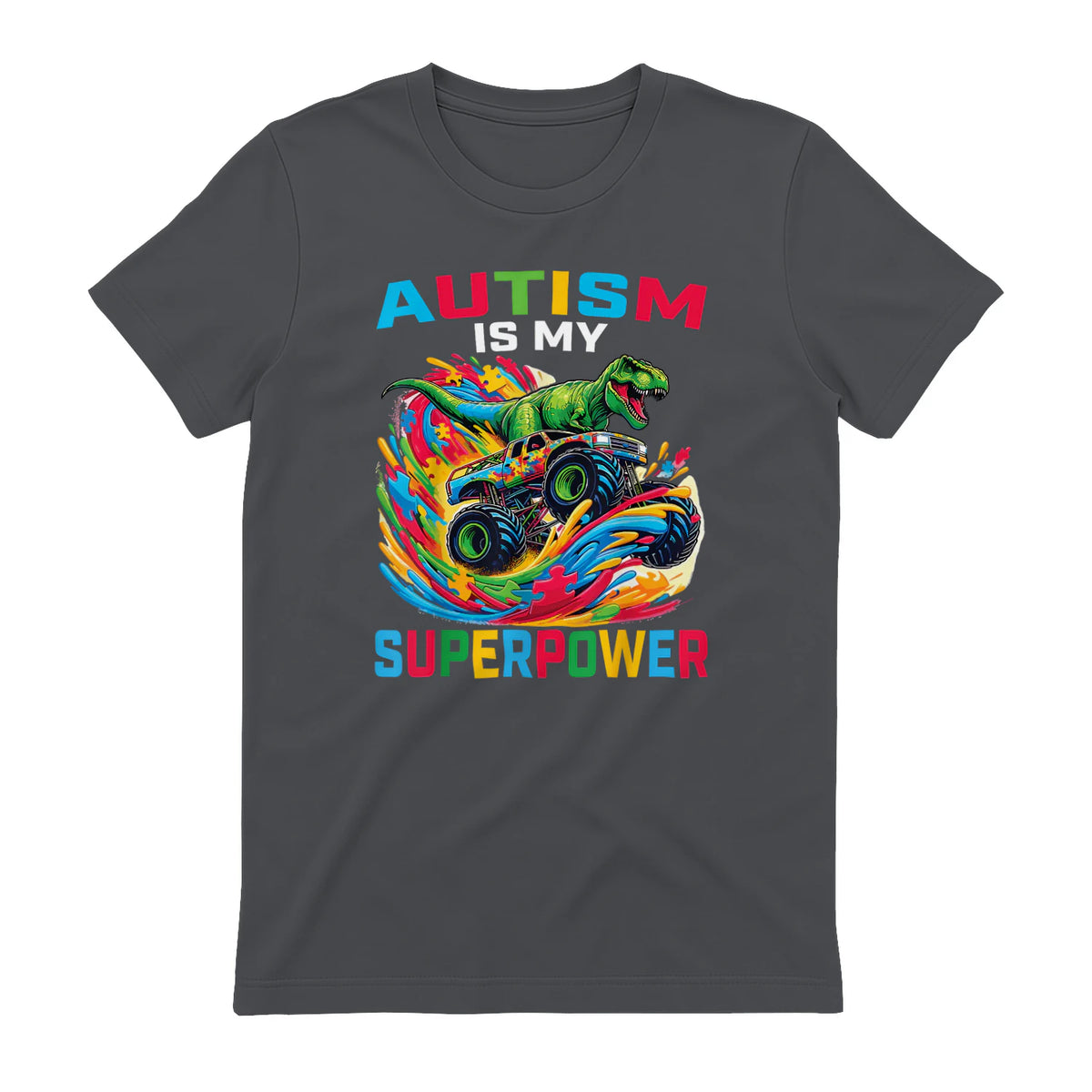 Autism is My Superpower Dino T Rex Monster Truck Kids Boys in Charcoal - back view