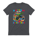 Autism is My Superpower Dino T Rex Monster Truck Kids Boys in Charcoal - back view