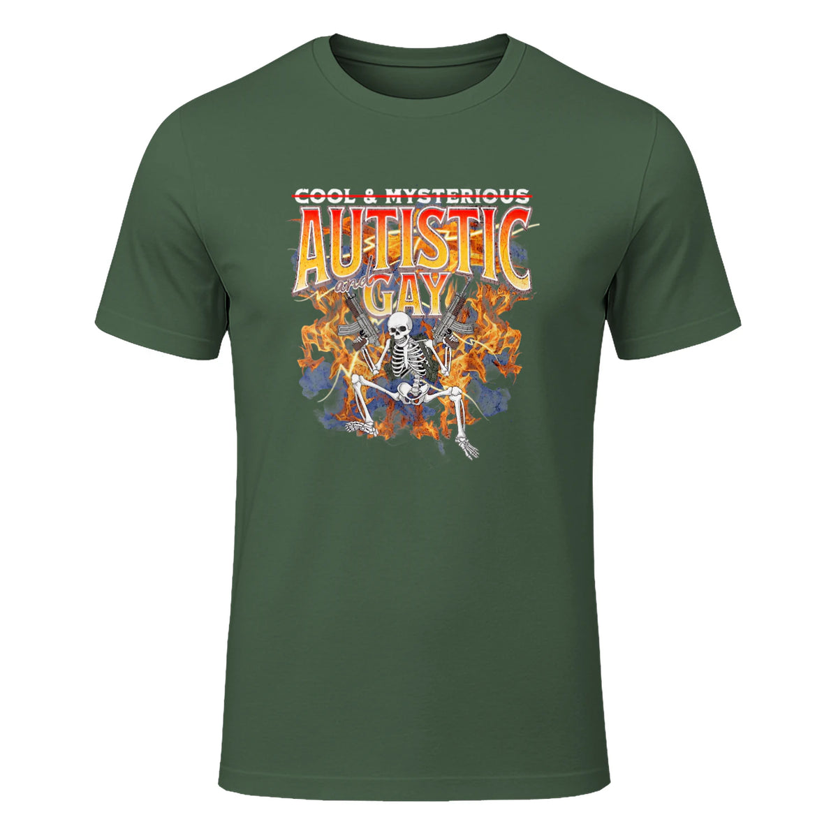 Autism Meme Funny Tism Squelette Autistique et Gay Humour in Military Green - front view