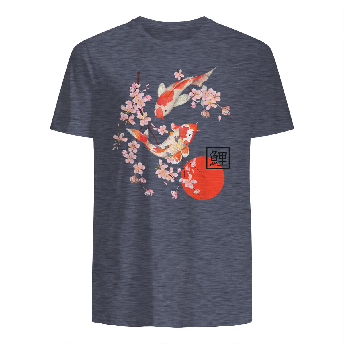Cherry Blossom Koi Carpe Fish Japanese Sakura Art Graphique in Heather Navy - back view