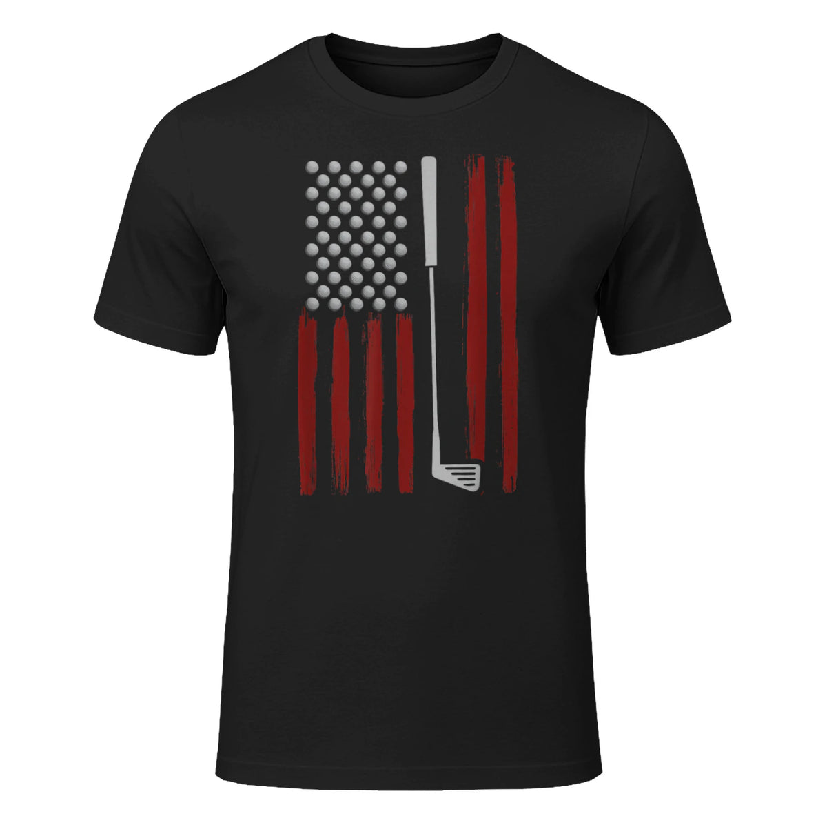 Retro American Flag Golf Golfer Funny Golf Club Golfing T-Shirt in Black - front view
