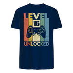 Level Sixteen Unlocked Video Gamer Birthday T-Shirt in Navy - back view