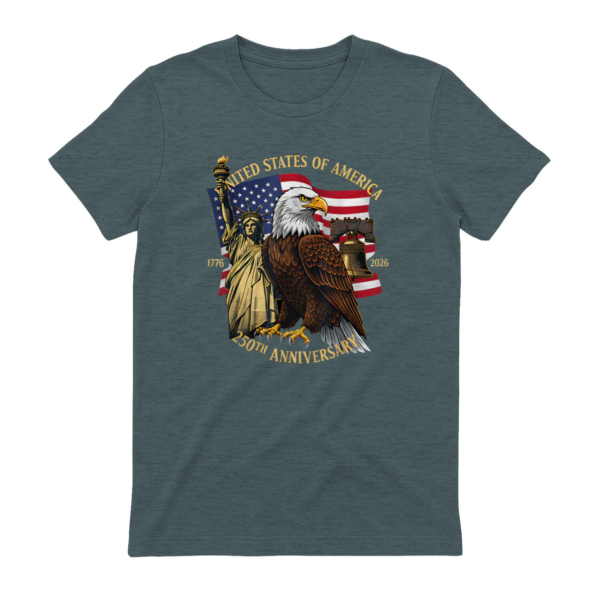 Patriotic Eagle Liberty Bell Anniversary T-Shirt in Dark Heather - back view