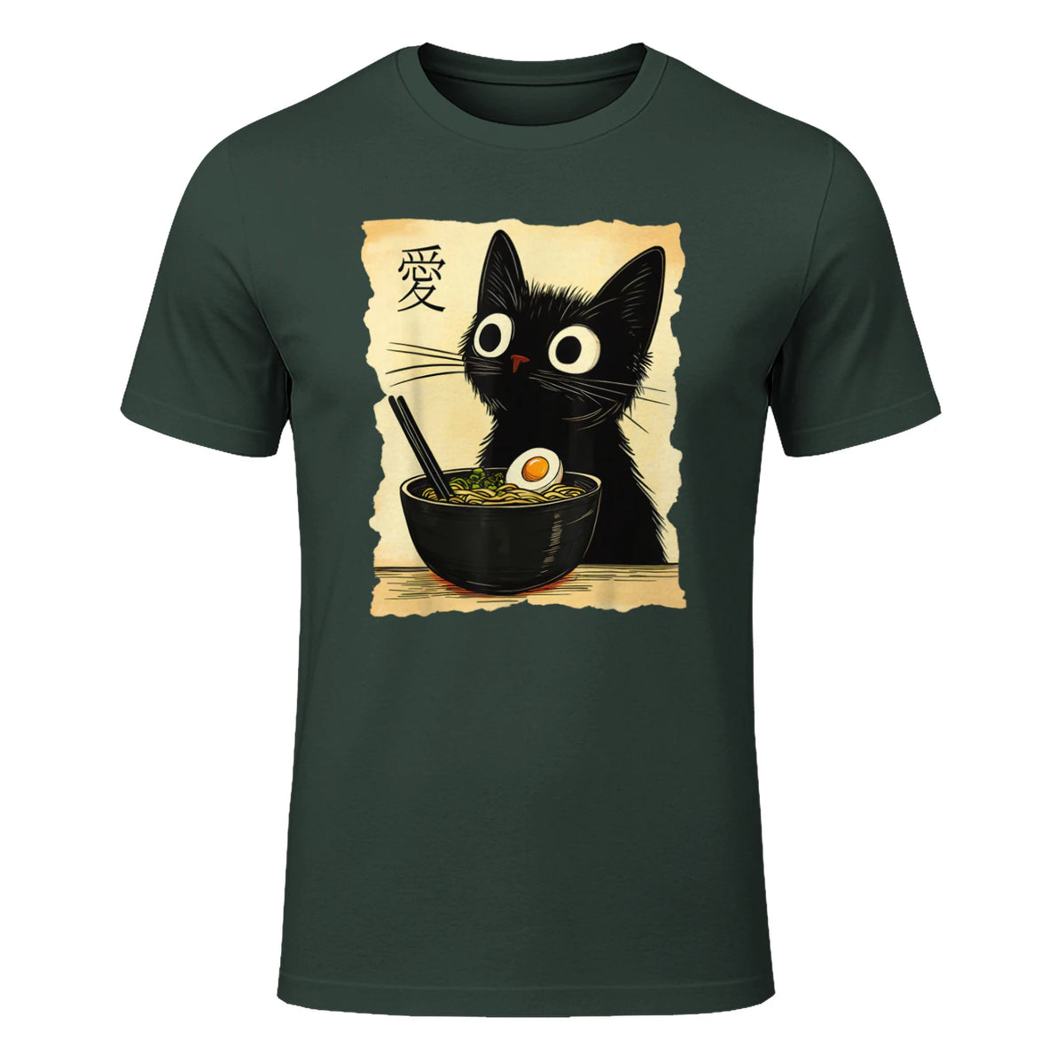 Funny Cat Ramen Graphic Tee Japanese Kawaii Anime Cat T-Shirt in Forest Green - front view
