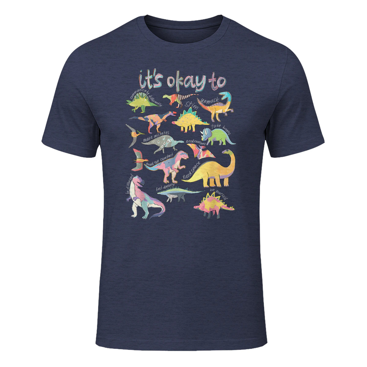 Autism Awareness It's Okay to Be Different Funny Dinosaur in Heather Navy - front view