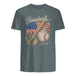 American Flag Baseball Player Bat Fan Catcher Pitcher USA T-Shirt in Dark Heather - back view