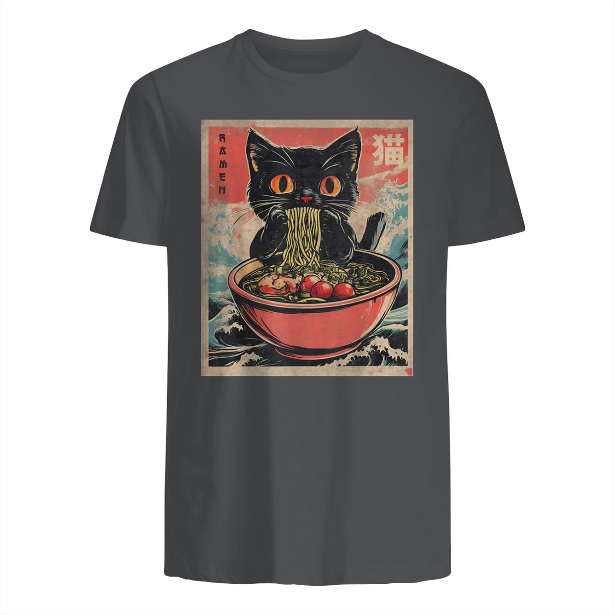 Unisex Adults Cat Ramen Japanese Funny Graphic Tees Kawaii Cat Anime Gifts T-Shirt in Charcoal - back view