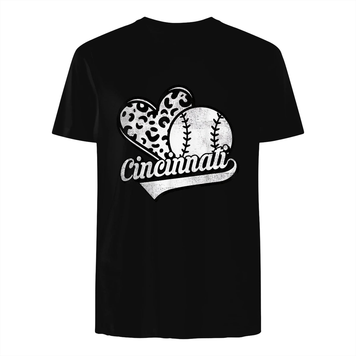 Vintage Cincinnati Baseball Leopard Heart Baseball Fans T-Shirt in Black - back view