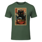 Cute Kawaii Gamer Cat Funny Ramen Retro Japanese Cat Gaming T-Shirt in Military Green - front view