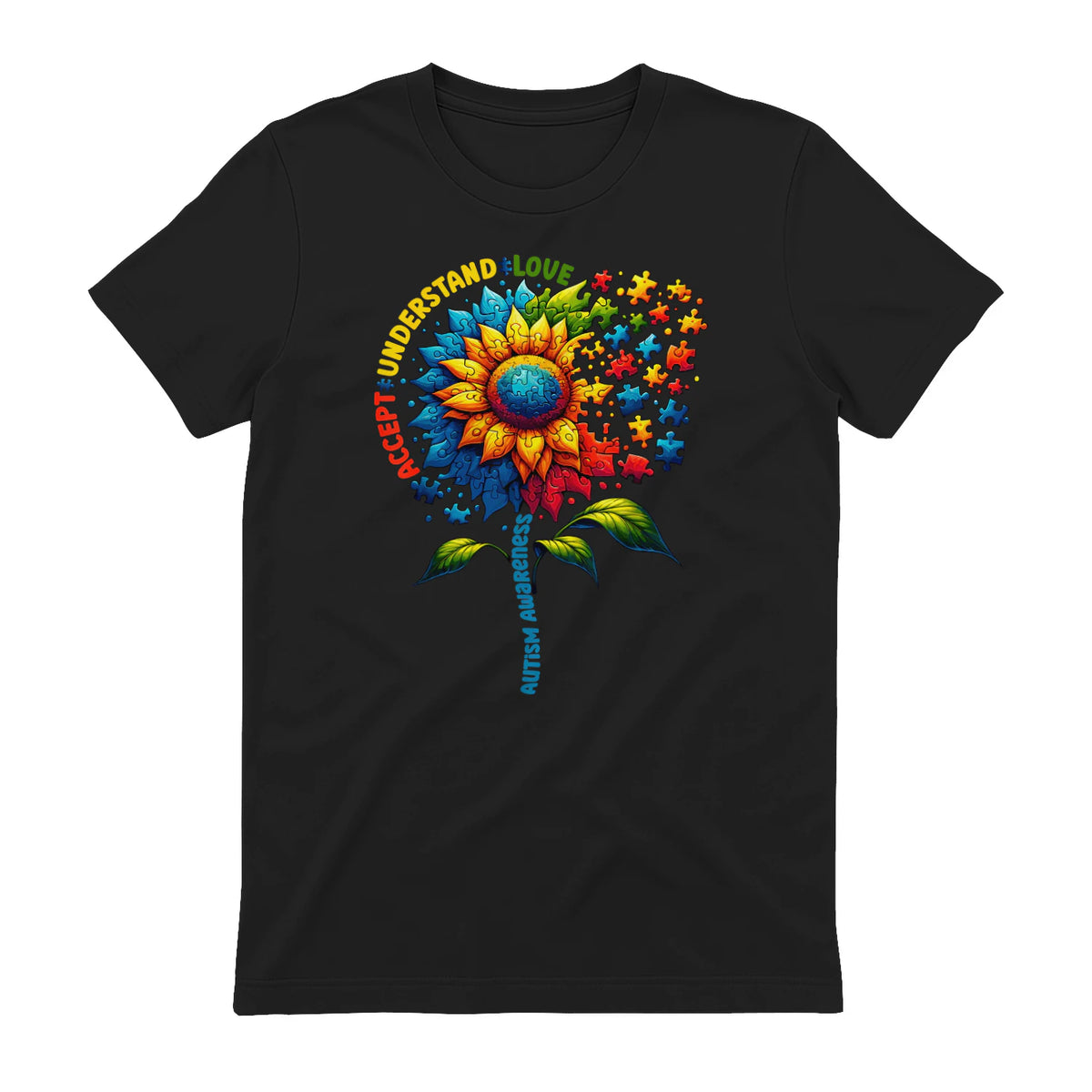 Autism Sunflower Awareness T-Shirt in Black - back view