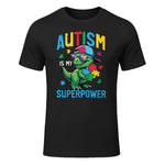 Kids Autism is My Superpower Dino Trex ASD Awareness Boys Kids in Black - front view
