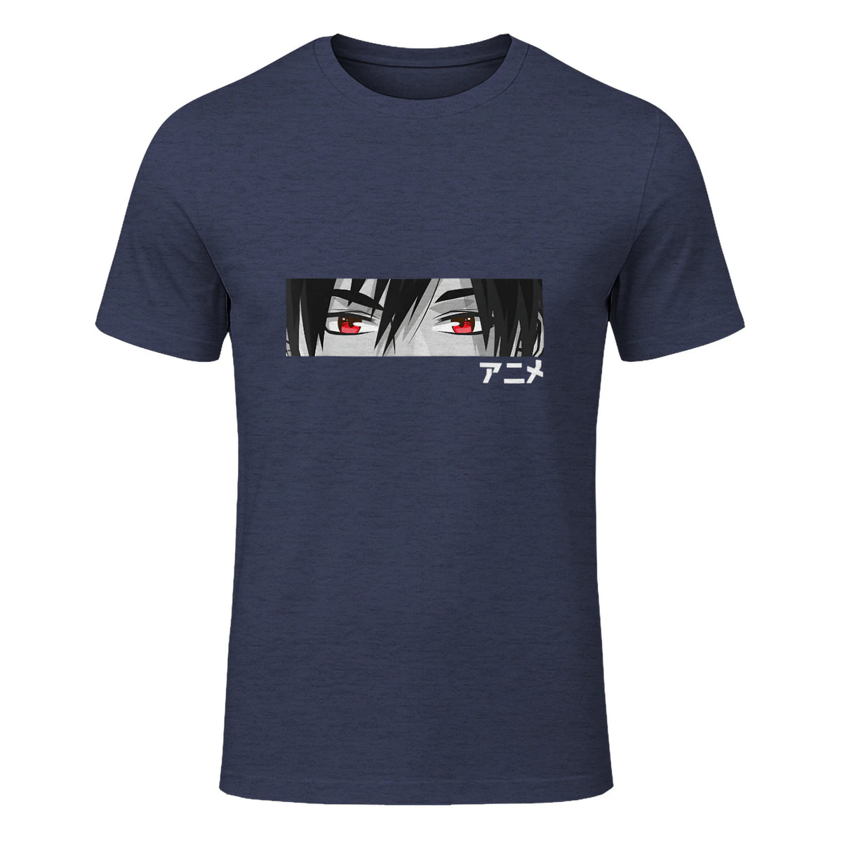 Anime in Japanese Characters Kawaii Eyes Face Short Sleeve in Heather Navy - front view