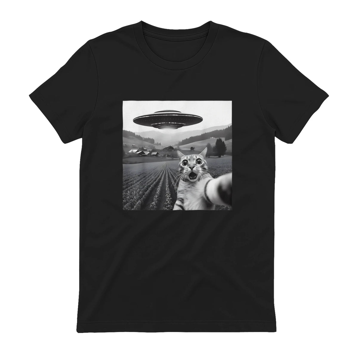 Cat Selfie With Alien UFO Funny Cat Gifts For Men Women Kid T-Shirt in Black - back view