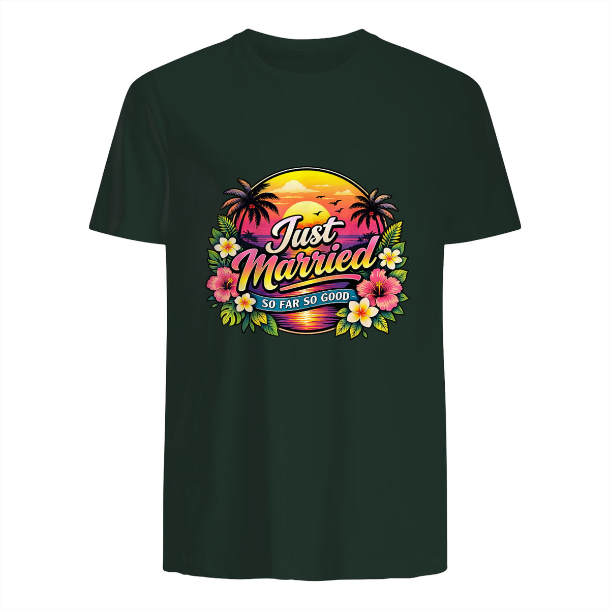 Couple de Jeunes mariés drôle Just Married Tropical Honeymoon in Forest Green - back view