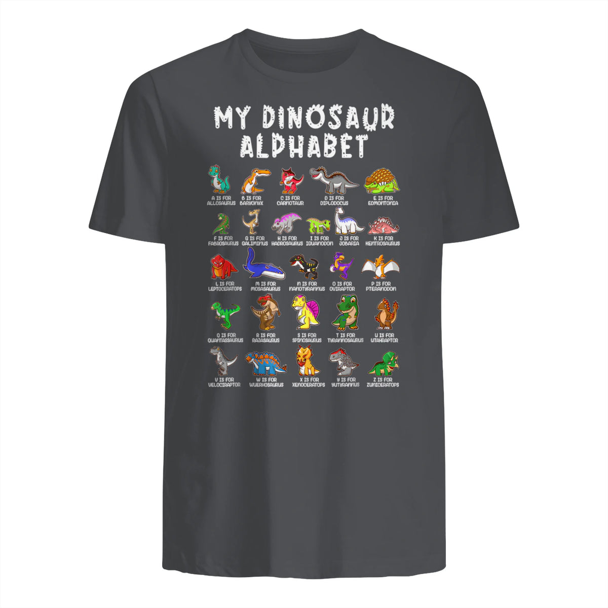 Types Of Dinosaurs Alphabet Dino Identification T-Shirt in Charcoal - back view