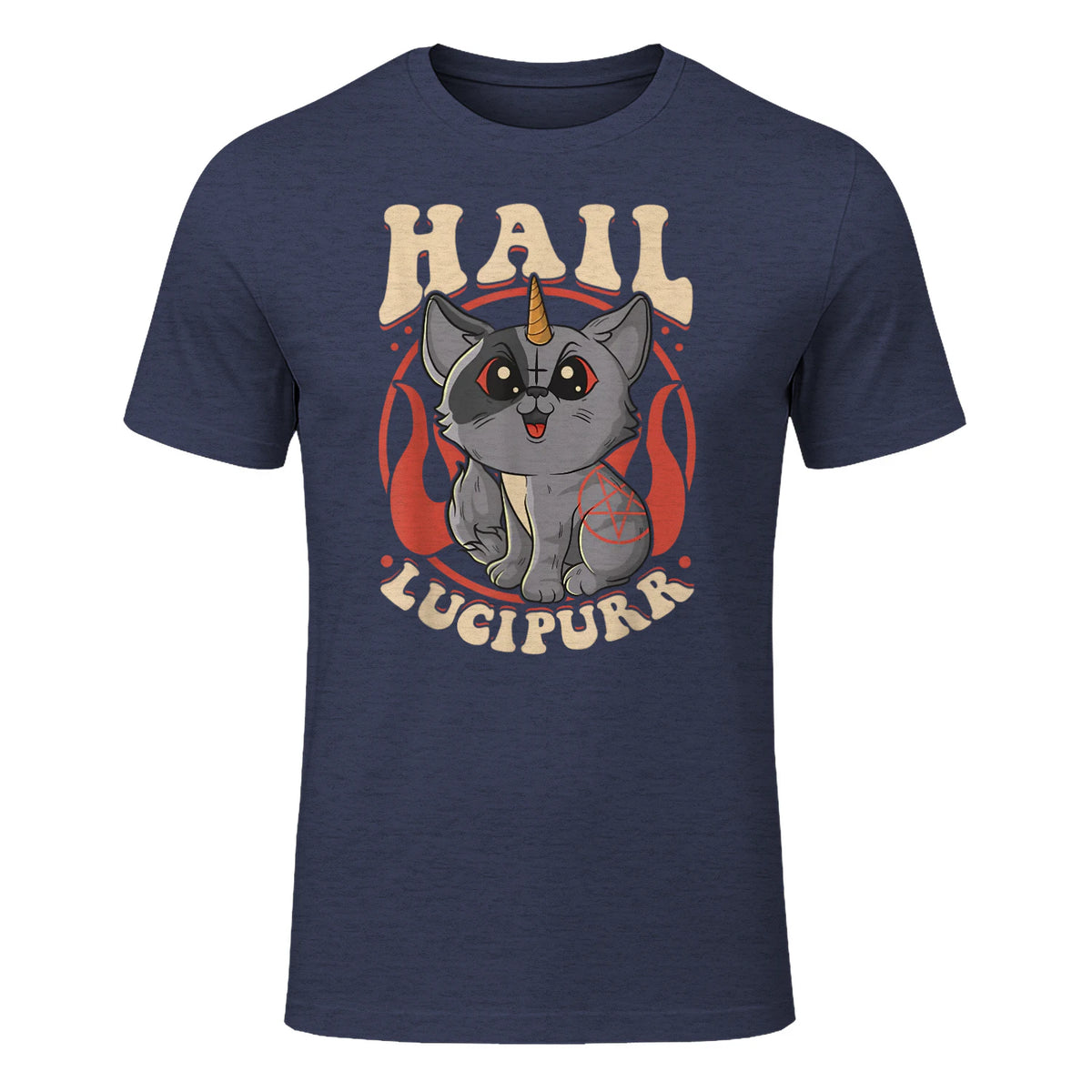 Cute & Funny Satanic Hail Lucipurr Rainbow Kitty Goth in Heather Navy - front view