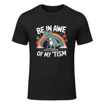 Trex Dinosaur Autism Awareness Be in Awe of My Tism Kids in Black - front view