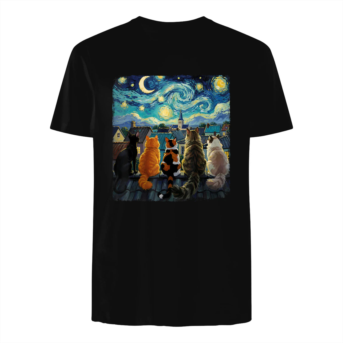 Funny Cat Starry Night Van Gogh Cats Rooftop Scene Feline T-Shirt in Black - back view