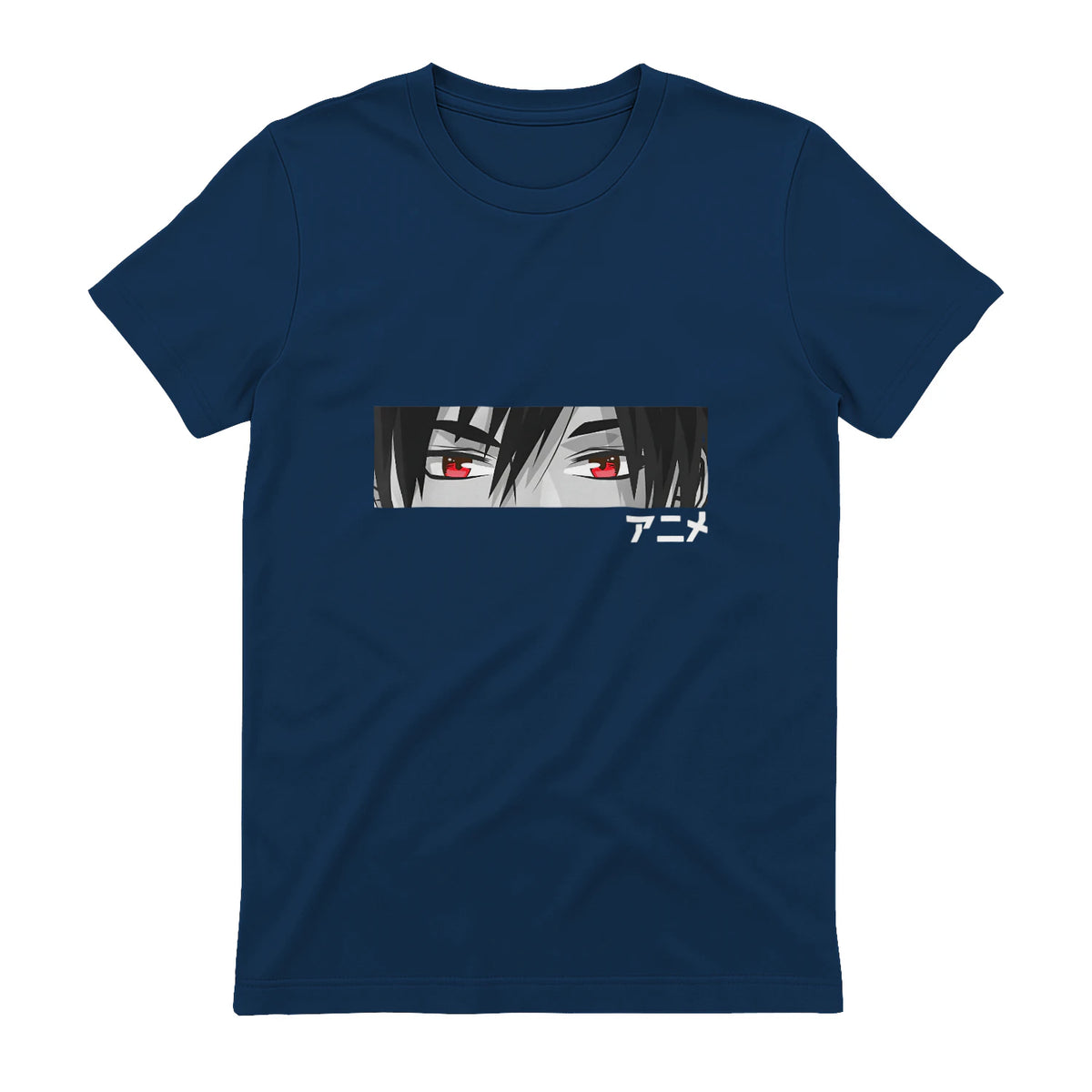 Anime in Japanese Characters Kawaii Eyes Face Short Sleeve in Navy - back view