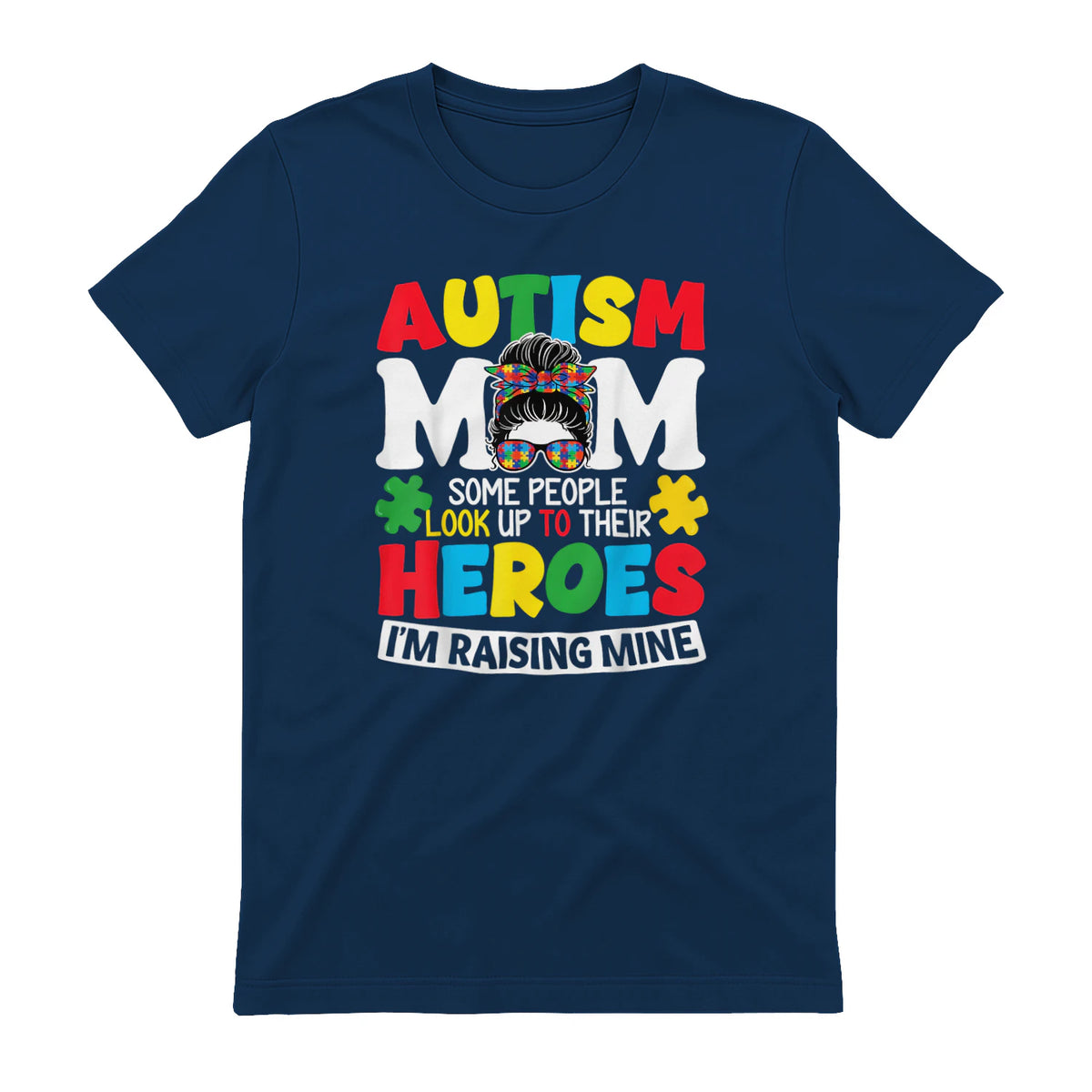 Autism Mom Raising Hero Messy Bun Autism Awareness in Navy - back view