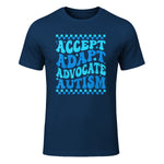 Accept Adapt Advocate Autism Awareness T-Shirt in Navy - front view