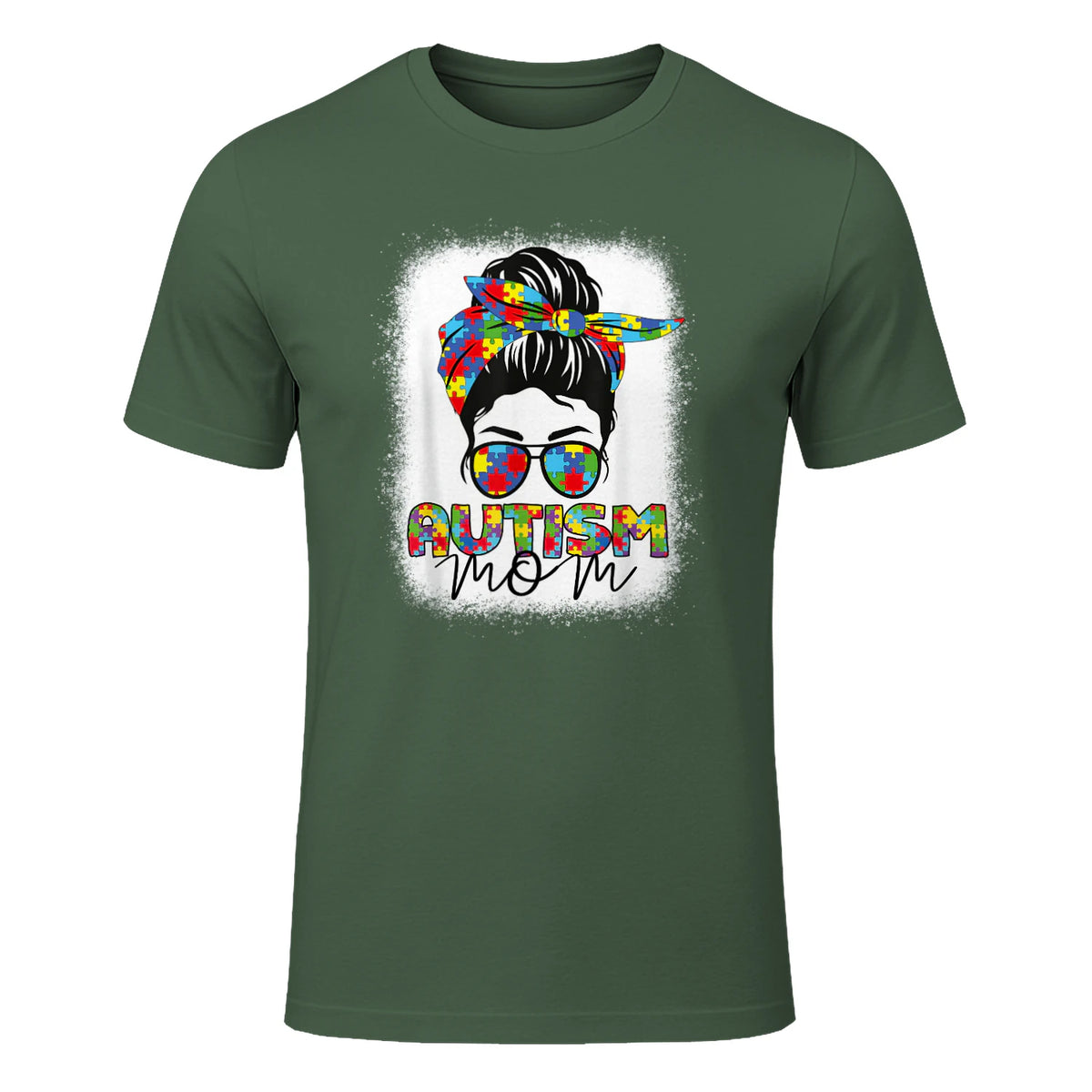 Autism Mom Life Messy Bun T-Shirt in Military Green - front view