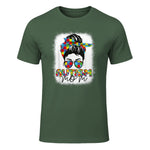 Autism Mom Life Messy Bun T-Shirt in Military Green - front view