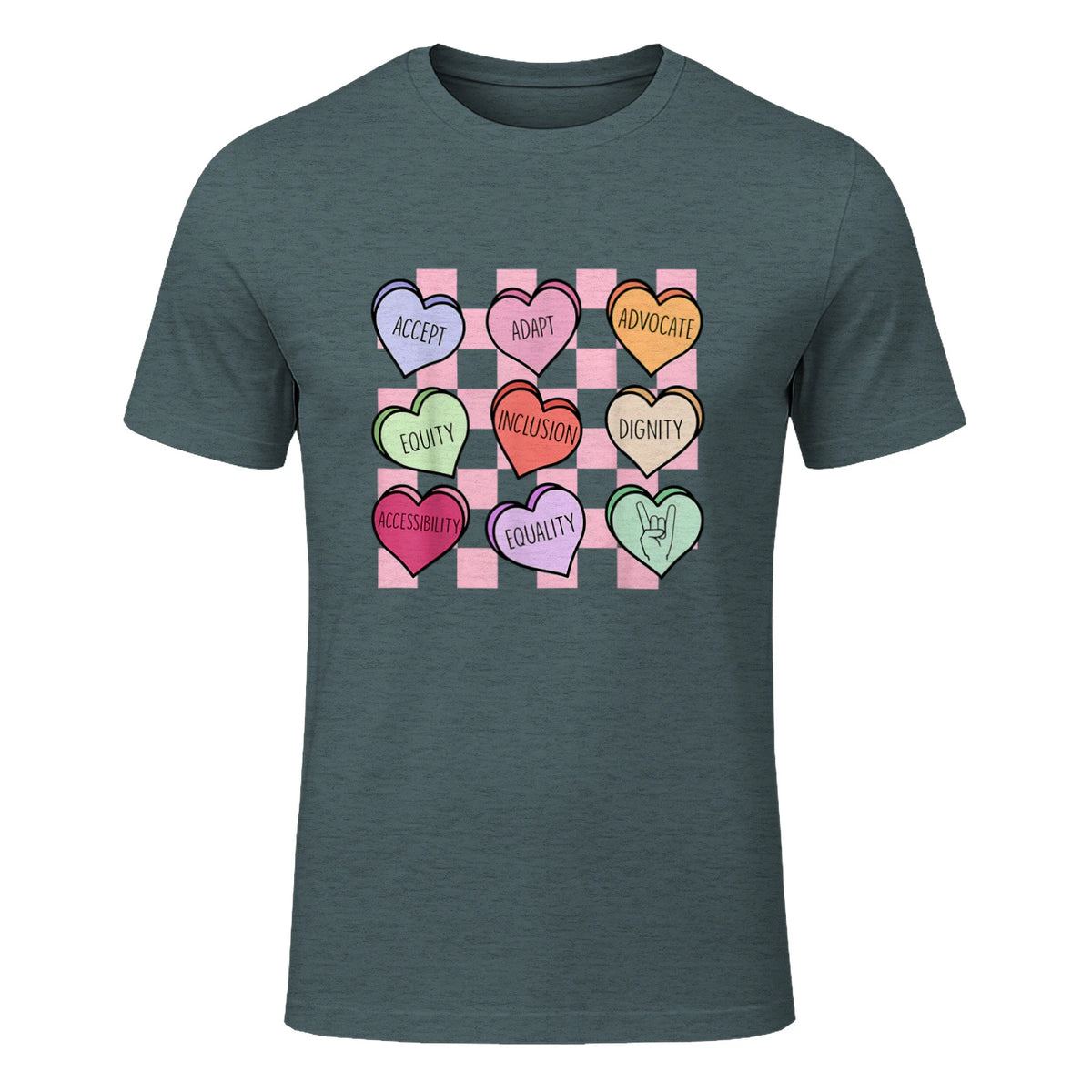 Special Education Teacher Candy Heart Valentines Day Love T-Shirt in Dark Heather - front view