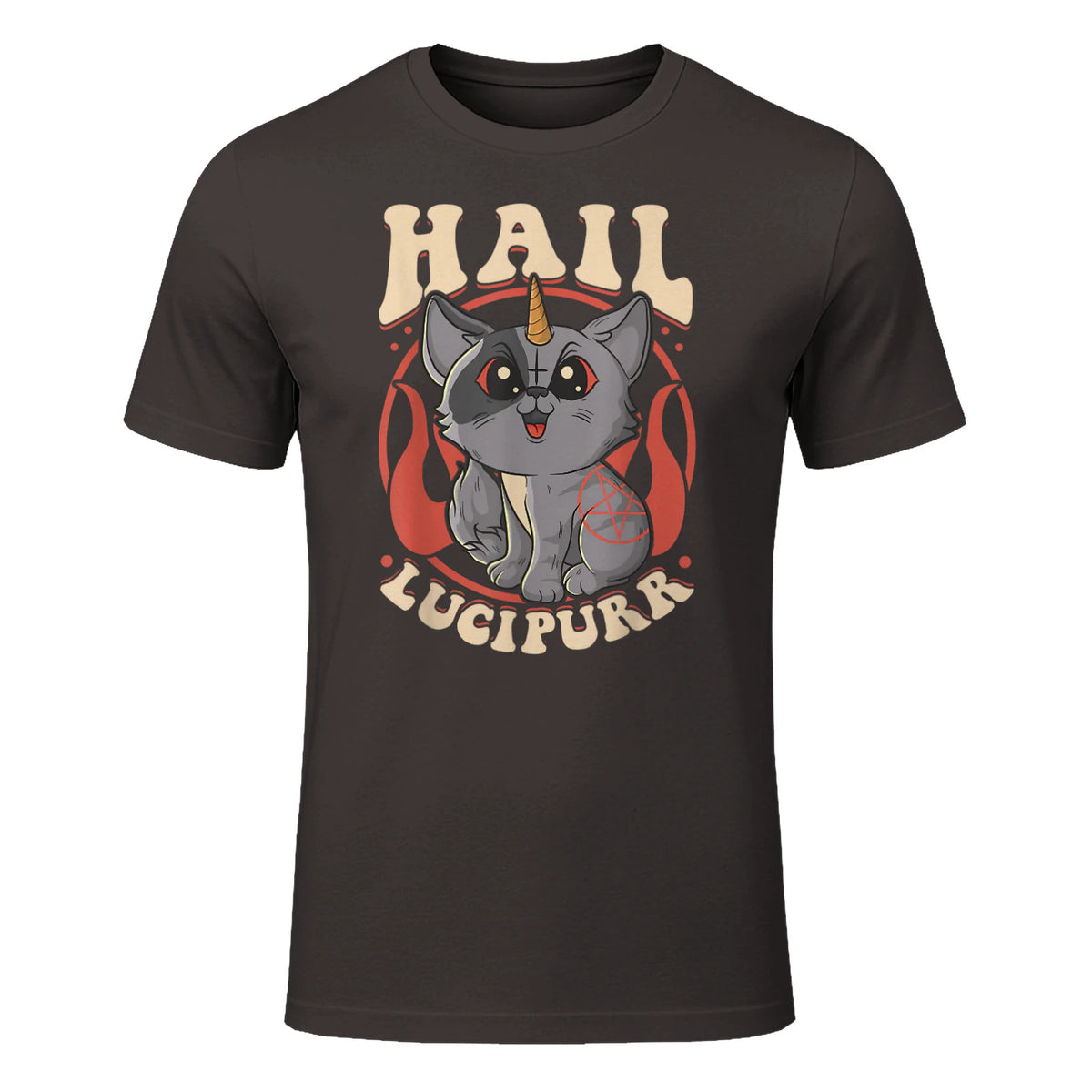 Cute & Funny Satanic Hail Lucipurr Rainbow Kitty Goth in Dark Chocolate - front view