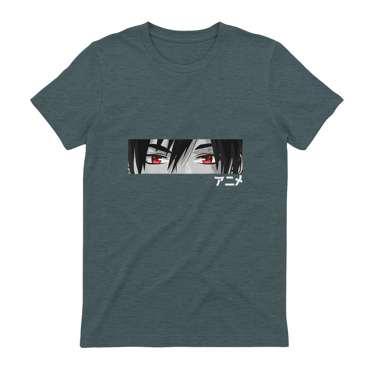 Anime in Japanese Characters Kawaii Eyes Face Short Sleeve in Dark Heather - back view